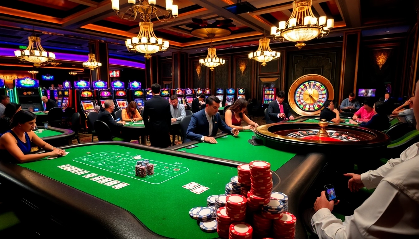 Experience a thrilling gaming scene with tg88 at a luxurious casino featuring vibrant slot machines.