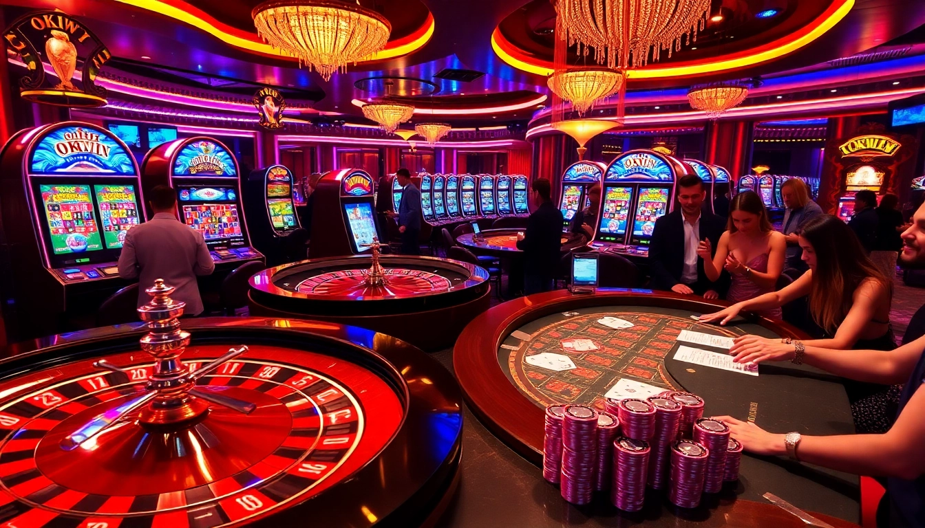 Experience thrilling gaming action at OKWIN with vibrant casino tables and exciting slot machines.