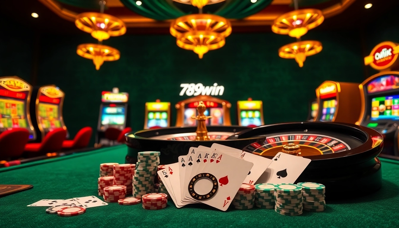 Playing poker with 789win chips and cards on a luxurious casino table.