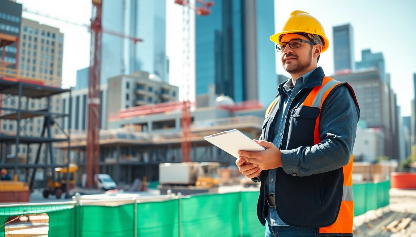 New York Construction Manager overseeing a bustling construction site with cranes and scaffolding.