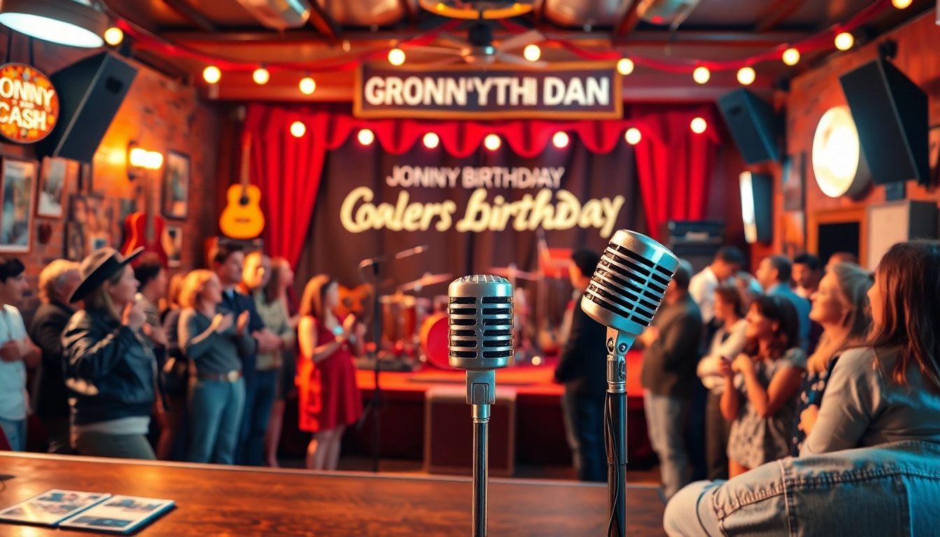 Johnny Cash birthday celebration scene from johnnycashbirthday.com featuring vibrant decorations and a lively audience.