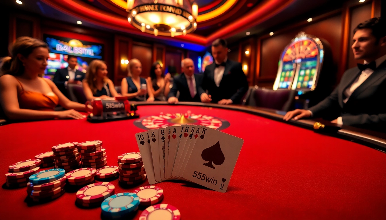 Excited players engaging in high-stakes poker at 555win casino table with vibrant chips.