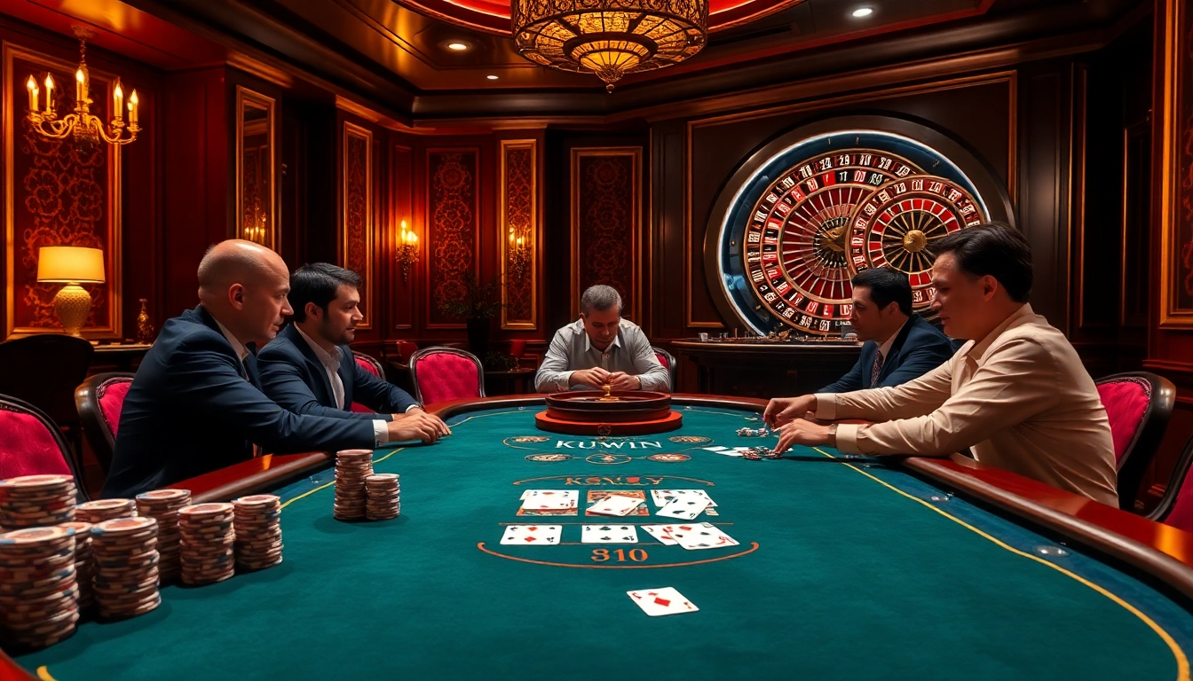 Kuwin players enjoying an exhilarating high-stakes poker game in a luxurious casino setting.