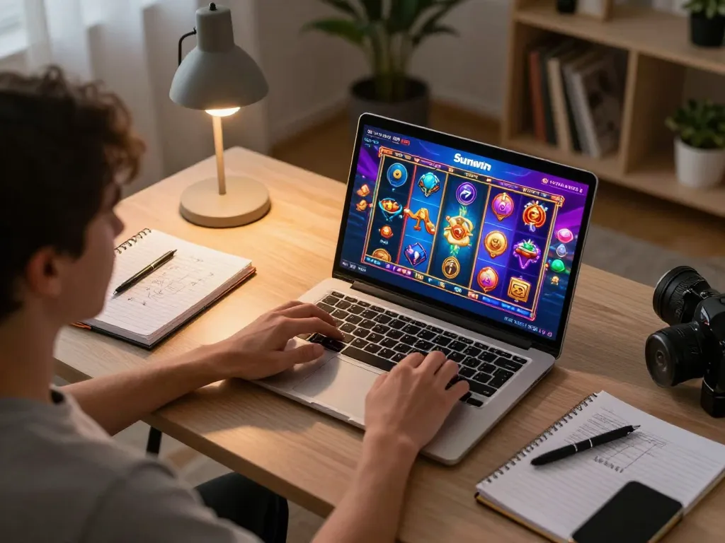 Engaged player enjoys a Sunwin online slot game on their laptop, showcasing a responsible gaming atmosphere.