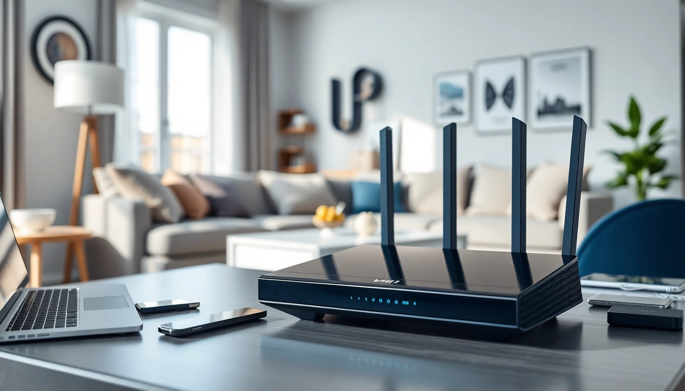 Display of a VPN router for home in a modern living room, showcasing its sleek design.