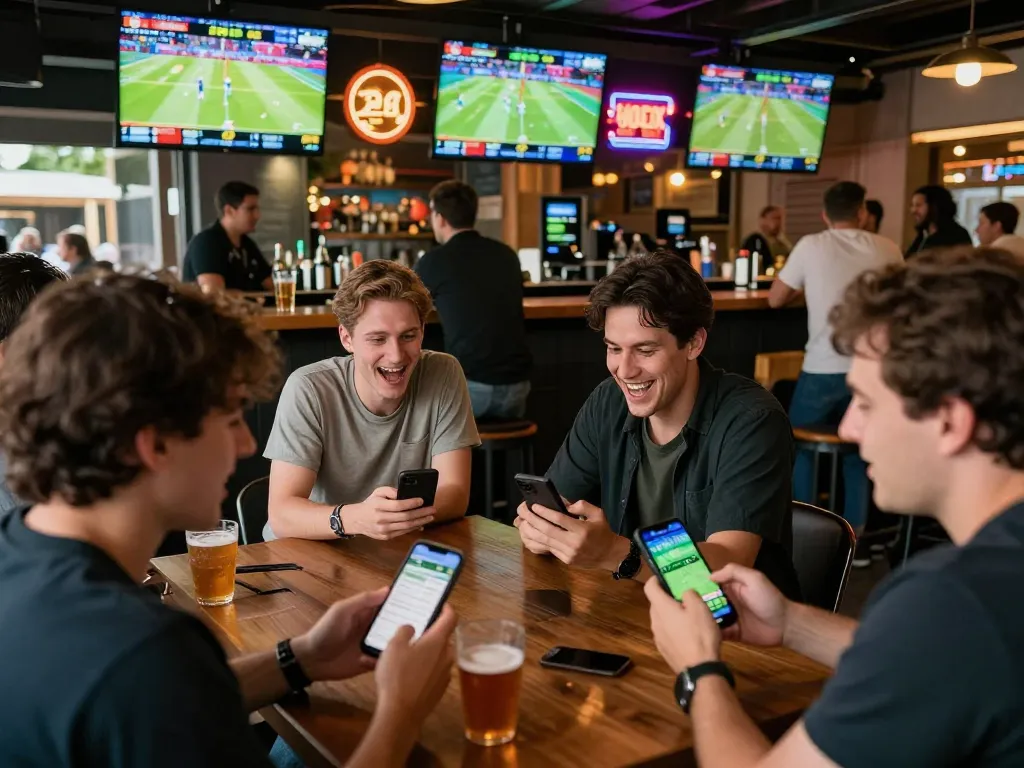 Engaged friends checking tỷ lệ kèo nhà cái at a lively sports bar with multiple screens.