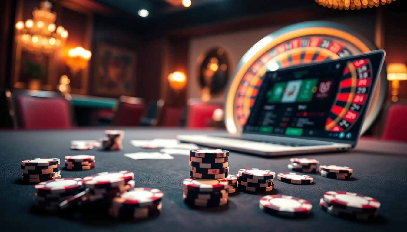 Engage in thrilling gameplay at https://uk88.business/ with a vibrant casino setup featuring poker chips and roulette.