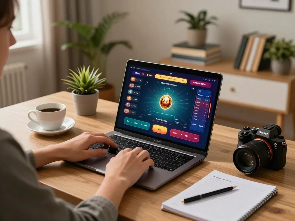 Engaged player enjoying shbet online poker on laptop, surrounded by betting notes and coffee.