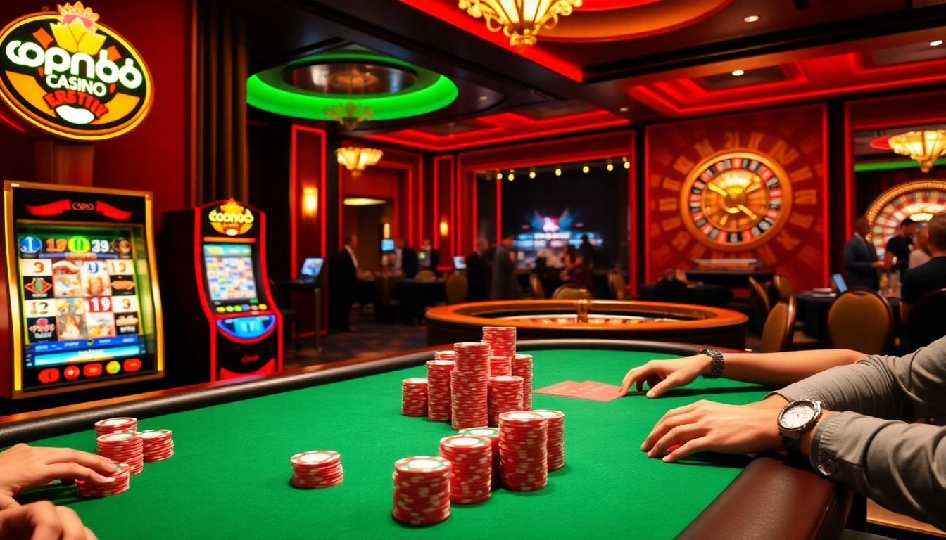 Experience the vibrant excitement of open88 with luxury casino visuals featuring poker chips, roulette wheels, and slot machines.