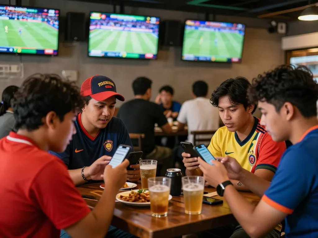 Engaged fans placing Taruhan Bola bets while enjoying live sports at a social venue.