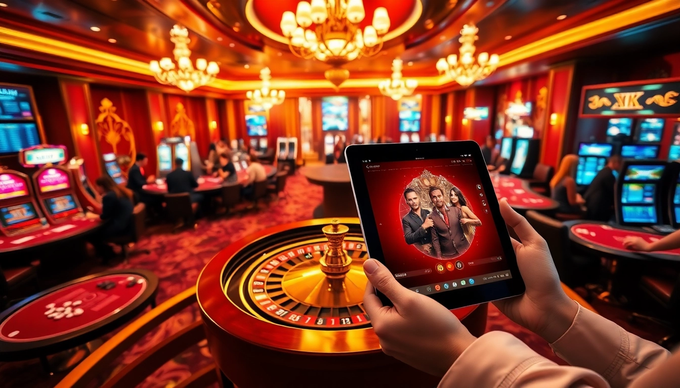 Engage in exciting gameplay at https://dabet.business/ with a luxurious casino featuring poker tables and vibrant slot machines.