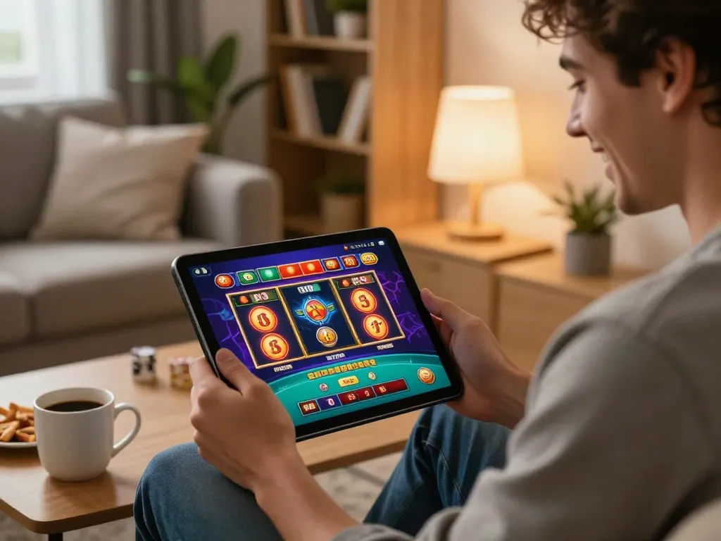 Engaging in online gaming at home with aa888 app displayed on tablet, showcasing responsible entertainment