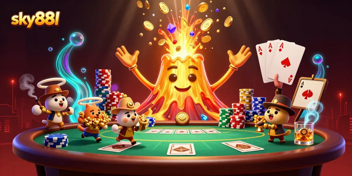 sky88l triumphs in 3D casino chaos, showcasing poker and treasure elements in a vibrant illustration.