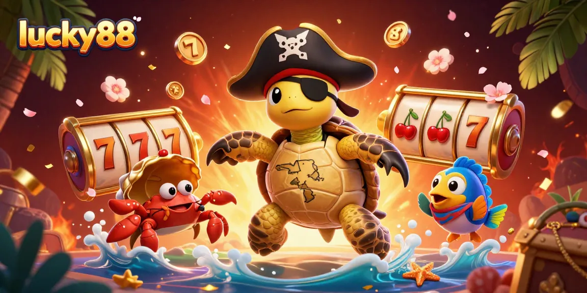 Experience exciting gameplay at lucky88 with vibrant slot reels, pirate turtle, and ocean treasures.