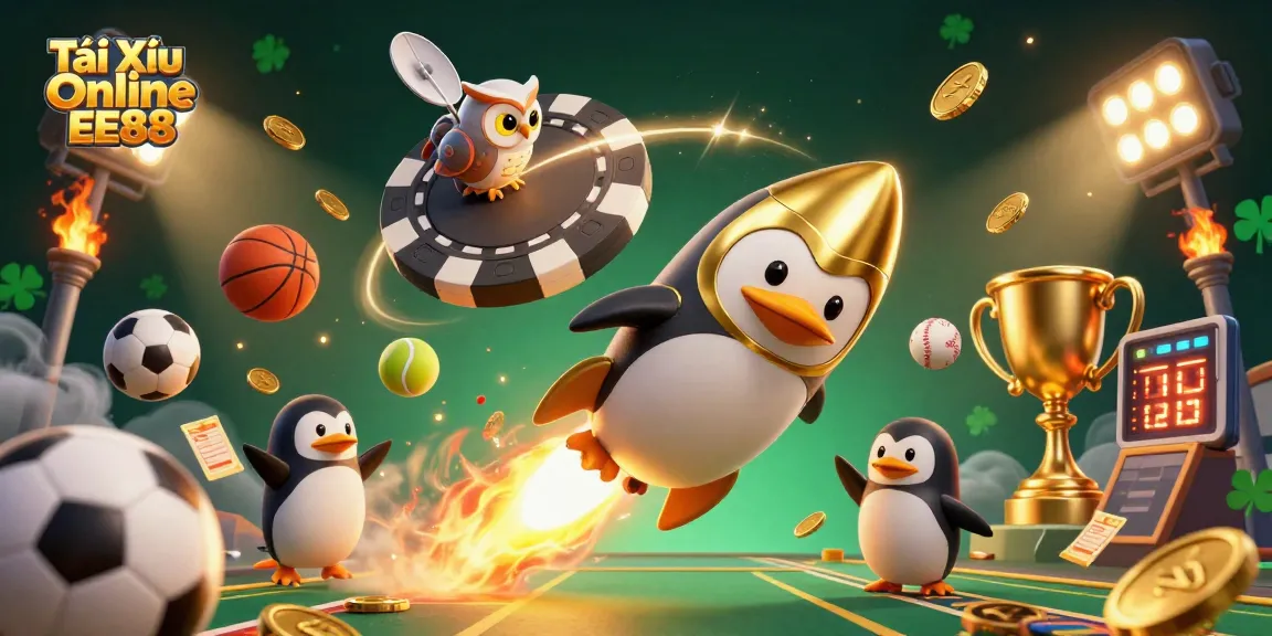 Engage with Tài Xỉu Online EE88 via a whimsical scene featuring a golden penguin and sports elements in a vibrant casino atmosphere.