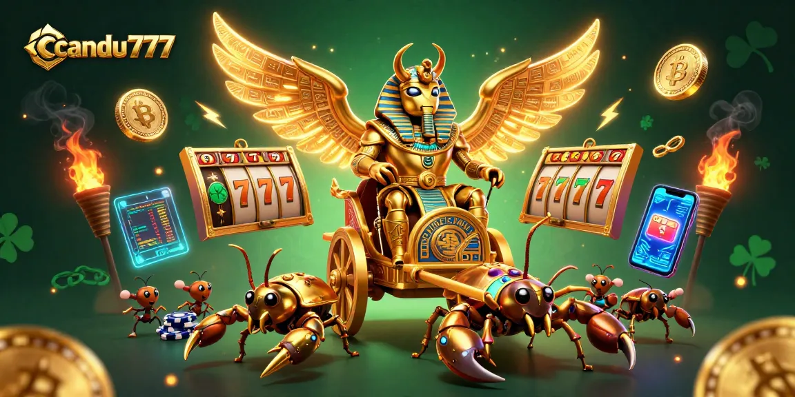 Engage with candu777's vibrant slot scene featuring a golden beetle and layered gaming elements.