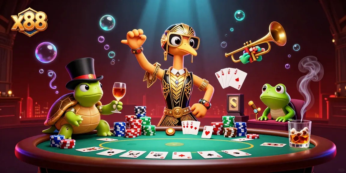 Experience high-stakes gaming at x88 with a vibrant 3D casino scene featuring poker elements.