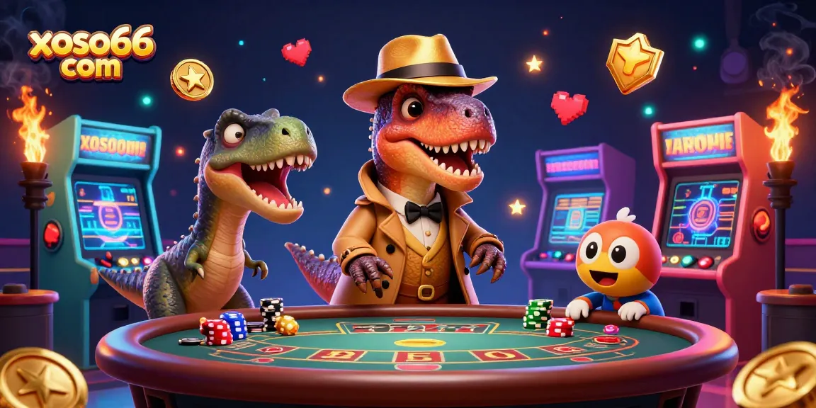Engage at xoso66 com with a vibrant casino scene featuring cartoon velociraptor players in action.