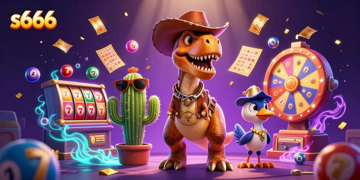 Experience excitement at s666 with dynamic slot reels and a colorful lottery scene.