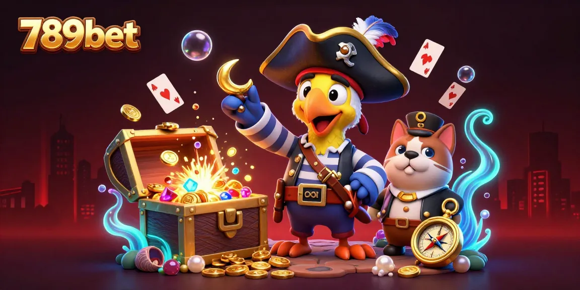 Engage with the vibrant scene at 789bet, where a pirate captain and crew oversee treasure amidst gambling elements.