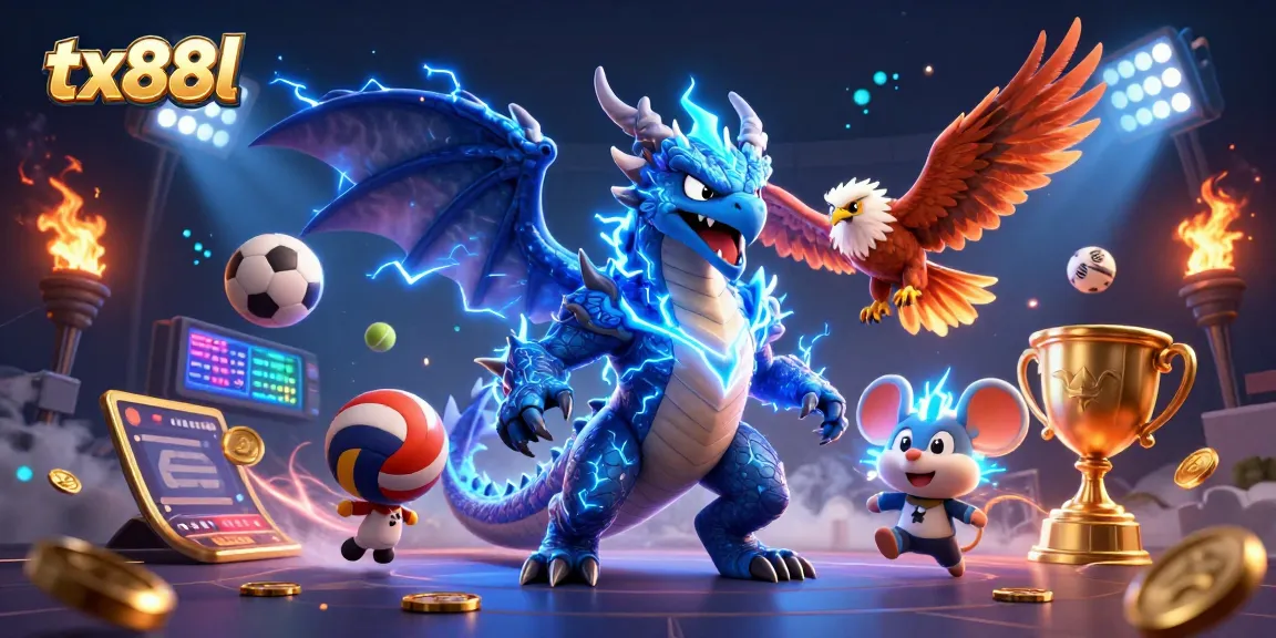 Experience thrilling betting action with tx88l illustrated by a stunning dragon, hawk, and mouse.