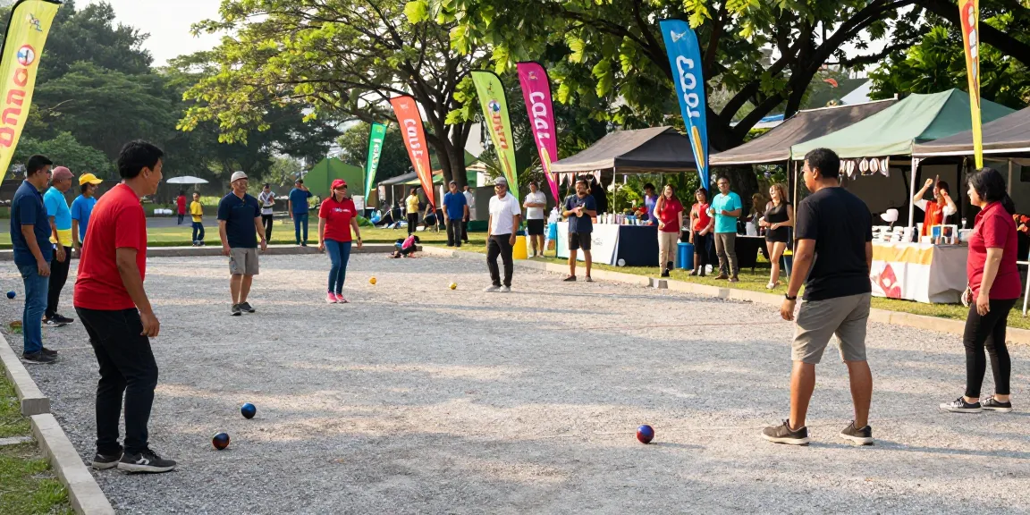 A lively petanque community event celebrating fopikotapalu.org, showcasing players competing, cheering crowds, and vibrant atmosphere.