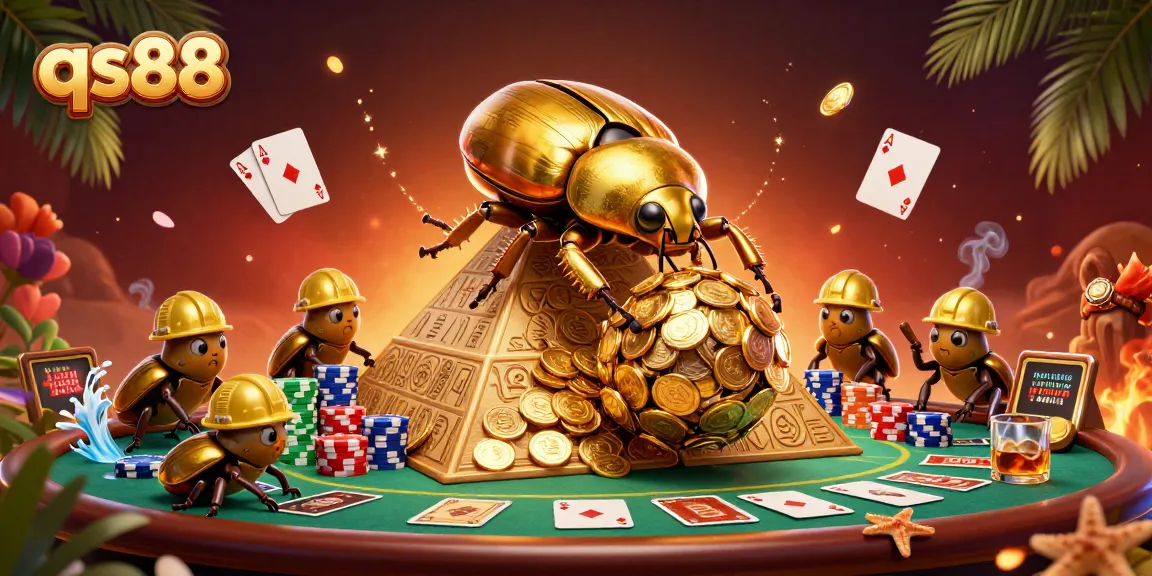 Engage with qs88's thrilling game environment featuring golden coins, poker chips, and exciting casino elements.
