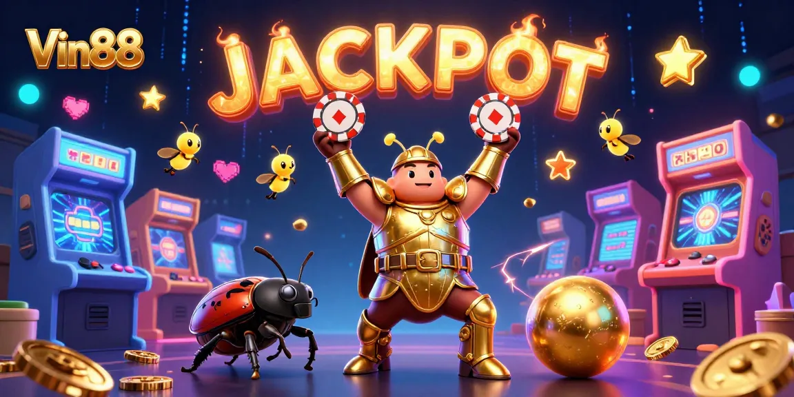 Experience excitement with Vin88 as a victorious beetle lifts a poker chip, surrounded by animated gaming elements.