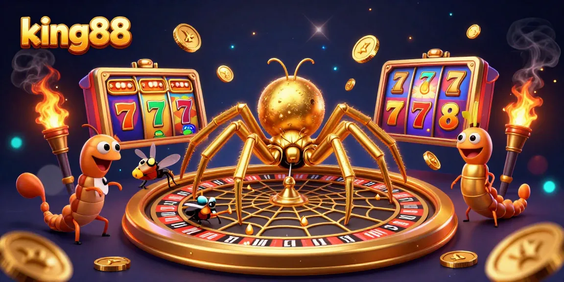 Experience thrilling gambling action with king88 as a golden spider spins a roulette wheel web.