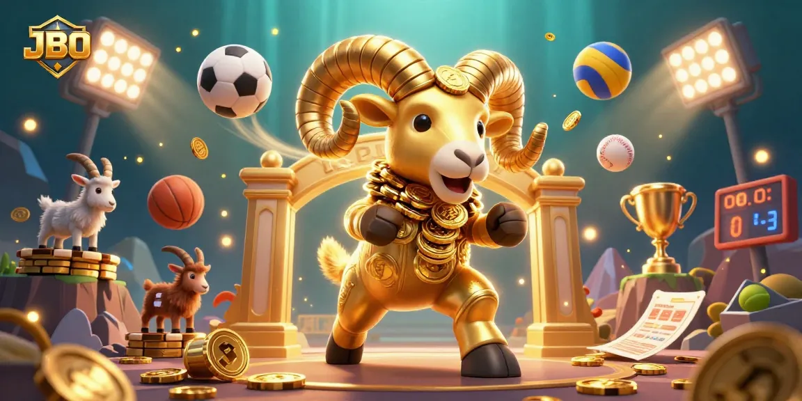 Engage with JBO as the golden ram charges through gates surrounded by dynamic sports elements.