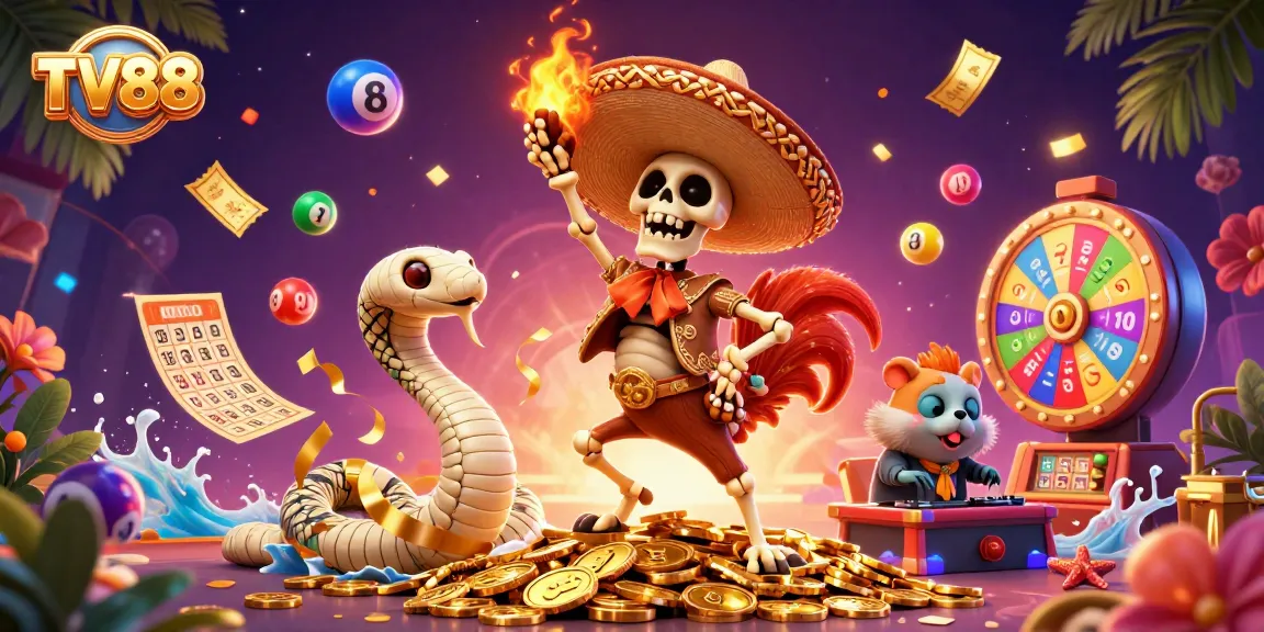 Join the excitement of TV88 with a vibrant illustration of a lucky skeleton mariachi and joyful characters.