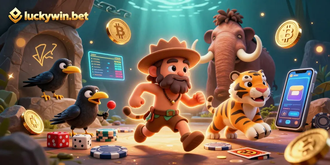 Engage with luckywin-bet showcasing dynamic casino scene featuring crypto elements and prehistoric characters.