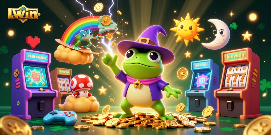 Experience the excitement of llwin-game with cartoon characters amid golden coins and gaming elements.