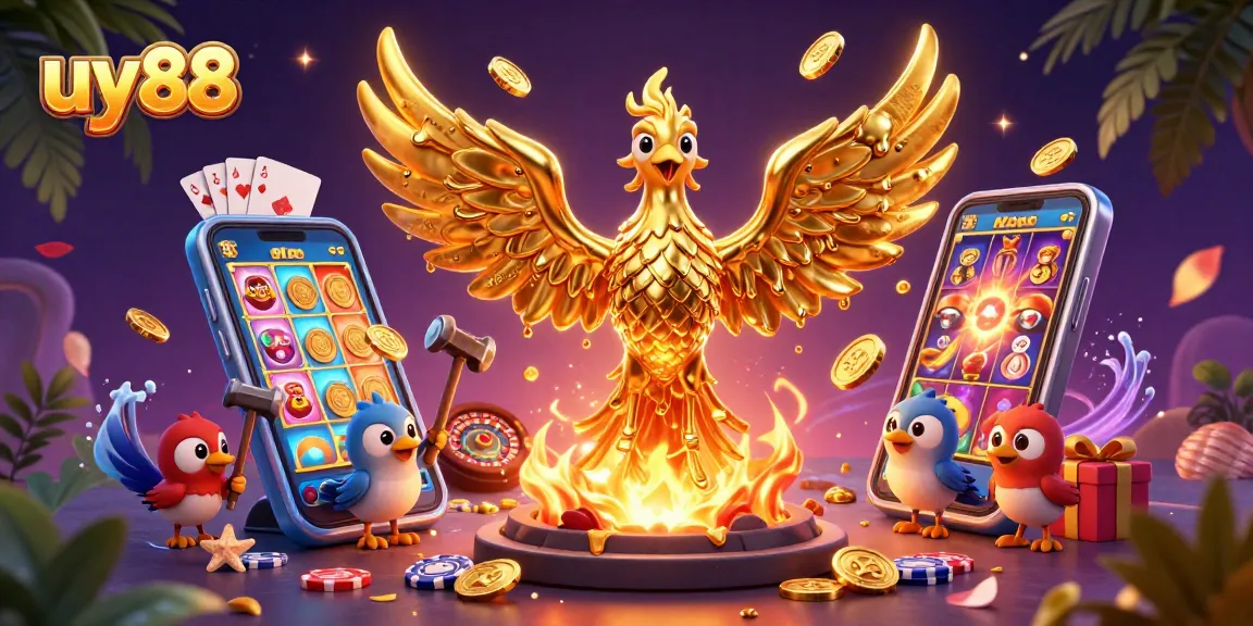 Experience thrilling games at uy88 while playing with golden coins cascading from a phoenix.