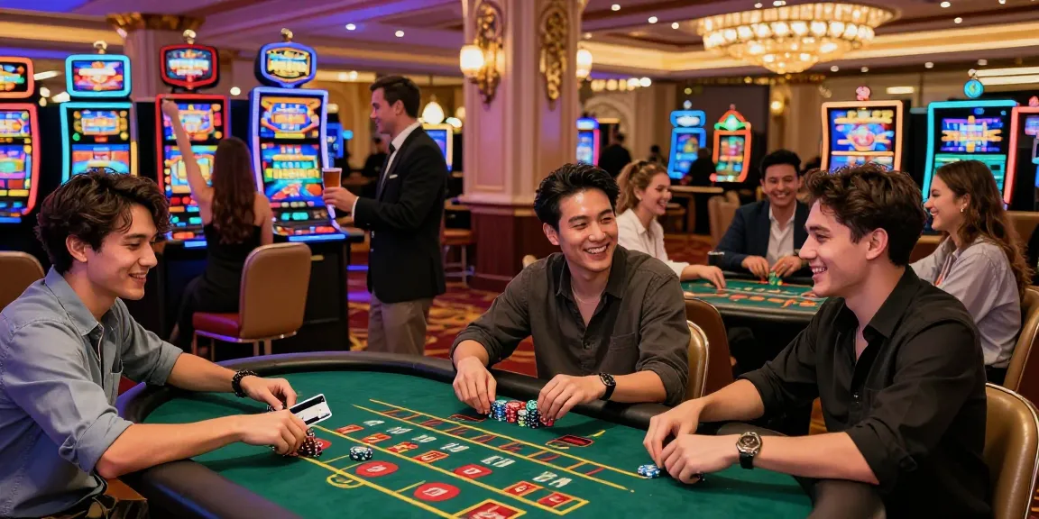 Exciting credit card casino gaming scene with players at tables and slots celebrating wins in a lively casino atmosphere.