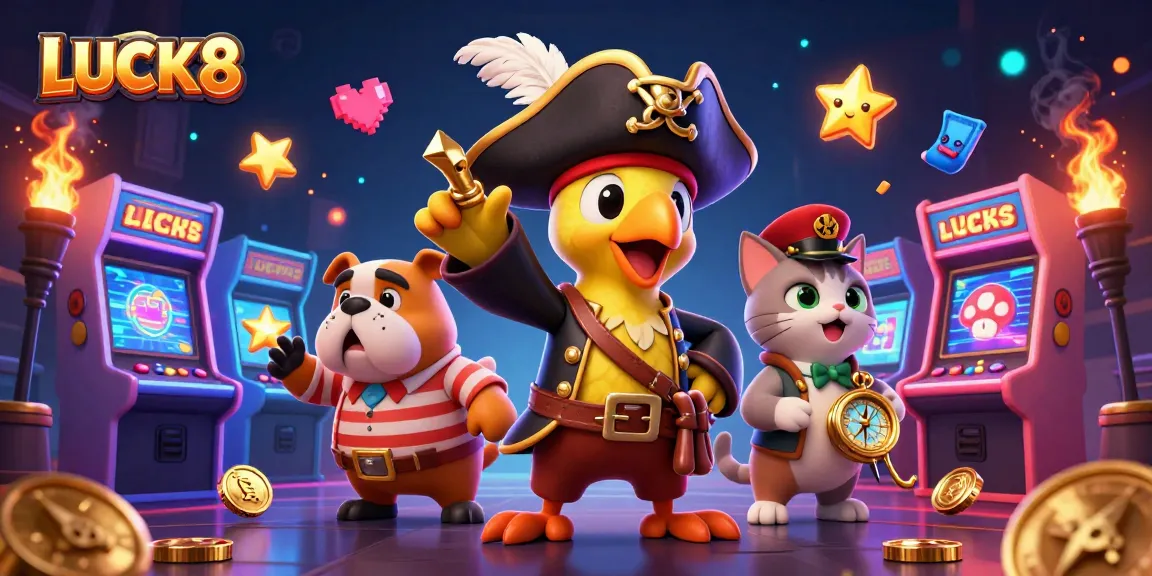 LUCK8's vibrant casino world showcases excitement with pirate-themed characters and game elements.