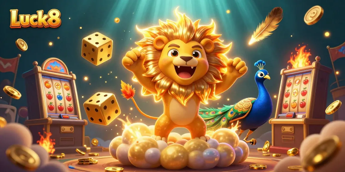 Experience Luck8's thrill as the golden dice spin amidst vibrant casino elements in a dynamic gaming scene.