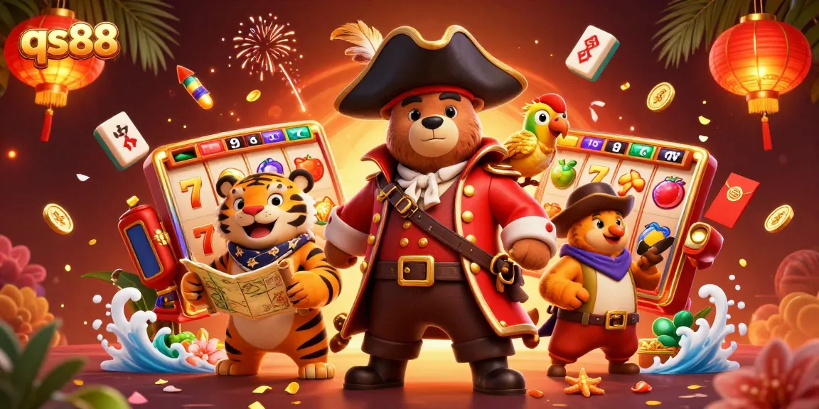 Join the qs88 adventure with a pirate bear, fierce tiger, and festive casino elements.