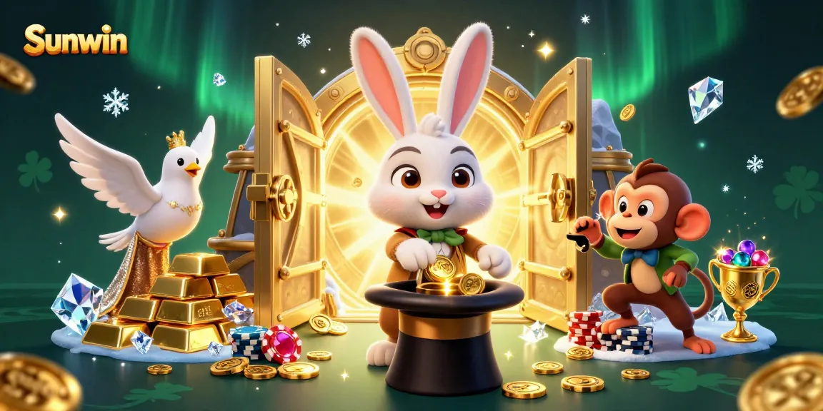 Experience thrilling wins at Sunwin with a magician rabbit and playful characters amidst casino treasures.