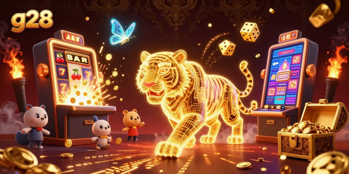Experience thrilling g28 casino action with a neon-wireframe tiger and jackpot excitement.