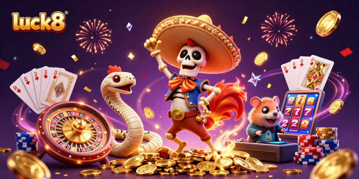 Experience the excitement of luck8 with animated characters celebrating amidst casino elements!