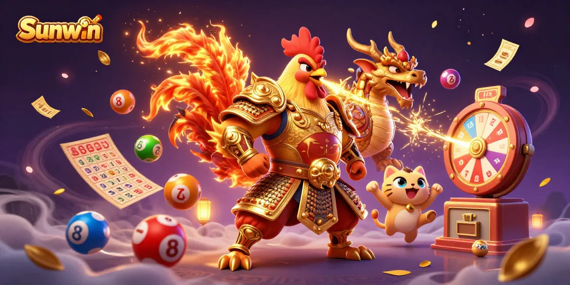 Sunwin offers thrilling gaming experiences with a fighting rooster warrior and a dragon hatchling.