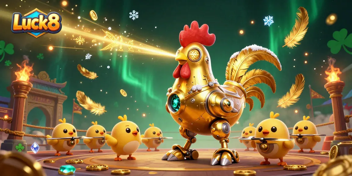 Engage with Luck8's thrilling experience featuring a golden rooster robot and dynamic gaming elements.