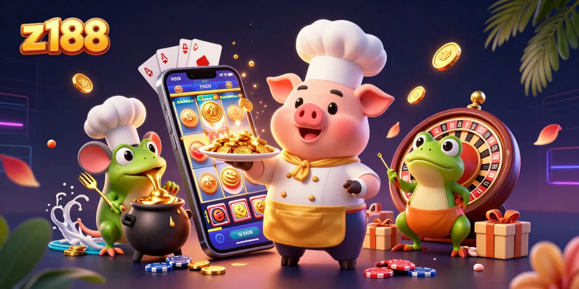Experience thrilling wins with z188's vibrant casino scene featuring animated chefs and golden coins.