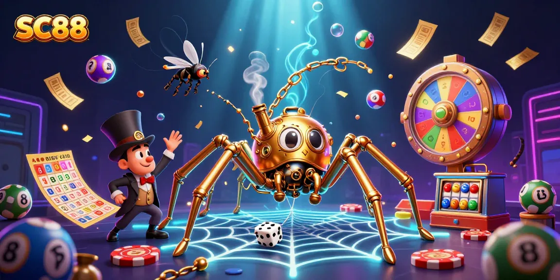 Engage with SC88's thrilling lottery and casino challenges featuring a vibrant steampunk spider and playful elements.