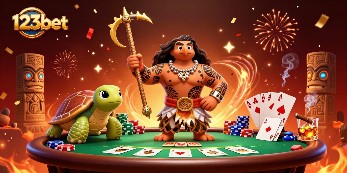 Experience thrilling poker adventures with 123bet's vibrant 3D casino art showcasing dynamic characters and game elements.