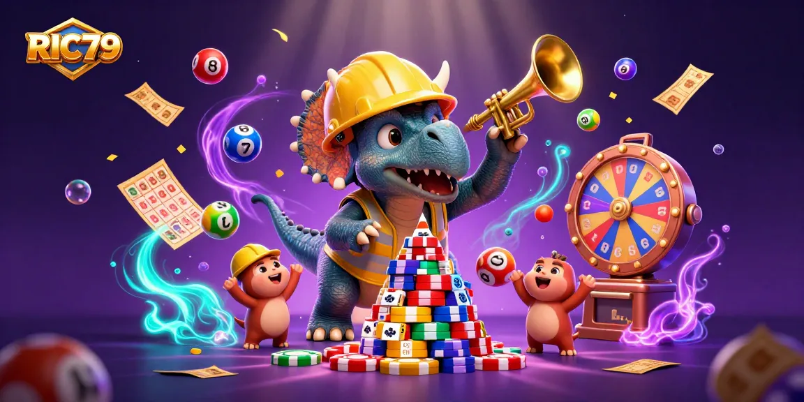 RIC79 showcases vibrant celebration of gaming with triceratops building poker chip pyramid amidst lively lottery elements.