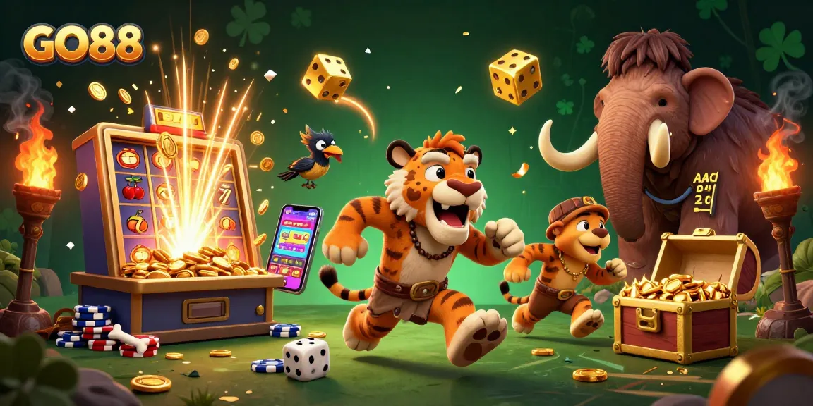 GO88 gaming experience enhanced by a dynamic prehistoric casino scene with joyful characters and exciting elements.