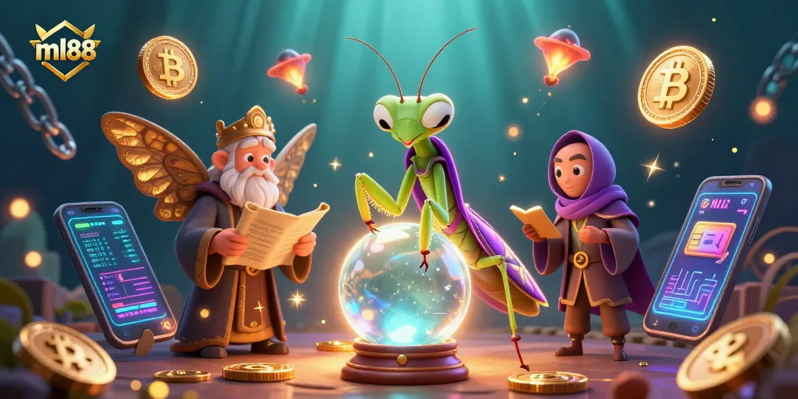 Players engage with vibrant, dynamic ml88 slots and crypto graphics in an enchanting casino scene.
