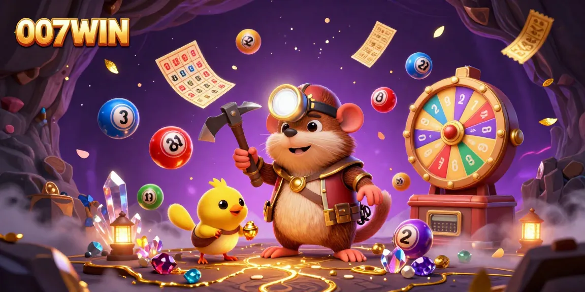 Play to win at 007WIN with treasure hunting adventures in a vibrant casino illustration.